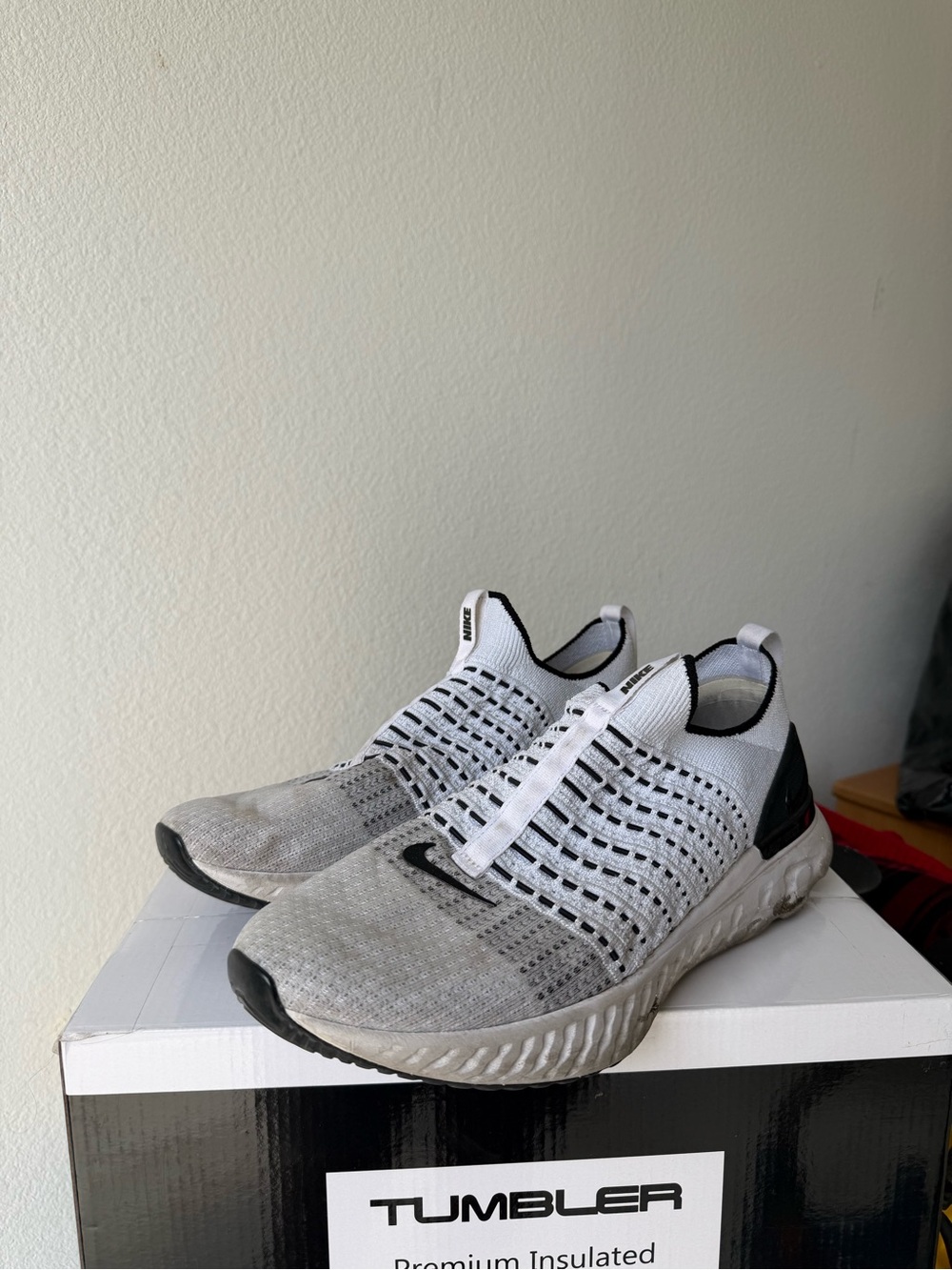Nike White and Black Slip-On Knit Running Shoes
